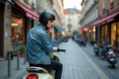 Jeune homme en denim et casque sur scooter en ville
