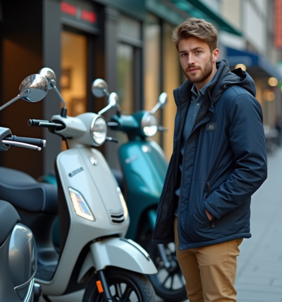 Jeune homme examine des scooters 2025 en ville