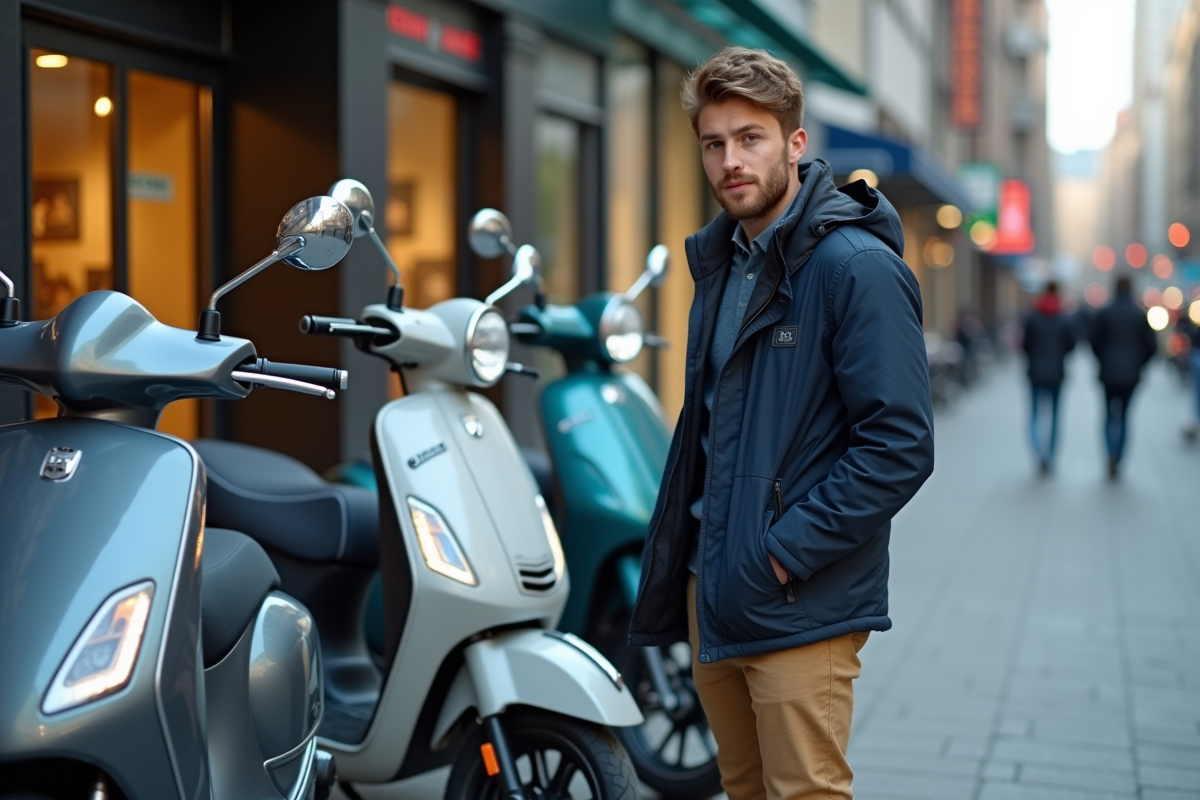 Jeune homme examine des scooters 2025 en ville