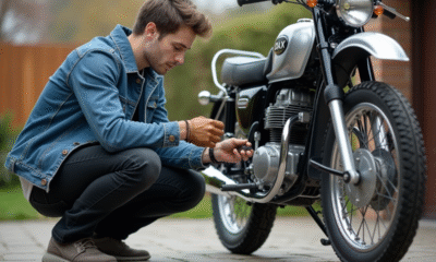 Jeune homme vérifiant la chaîne d'une moto Dax en extérieur