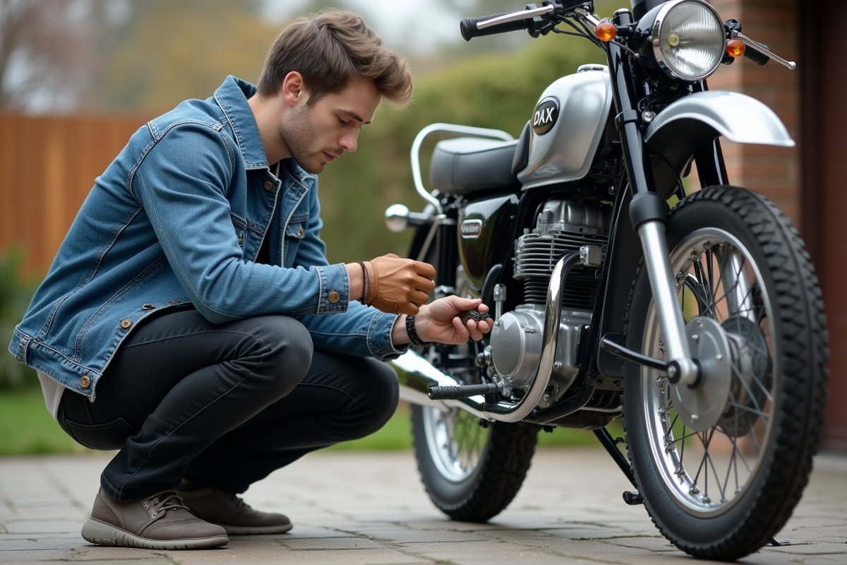 Jeune homme vérifiant la chaîne d'une moto Dax en extérieur