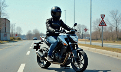 Jeune motard en équipement sur petite moto en parking