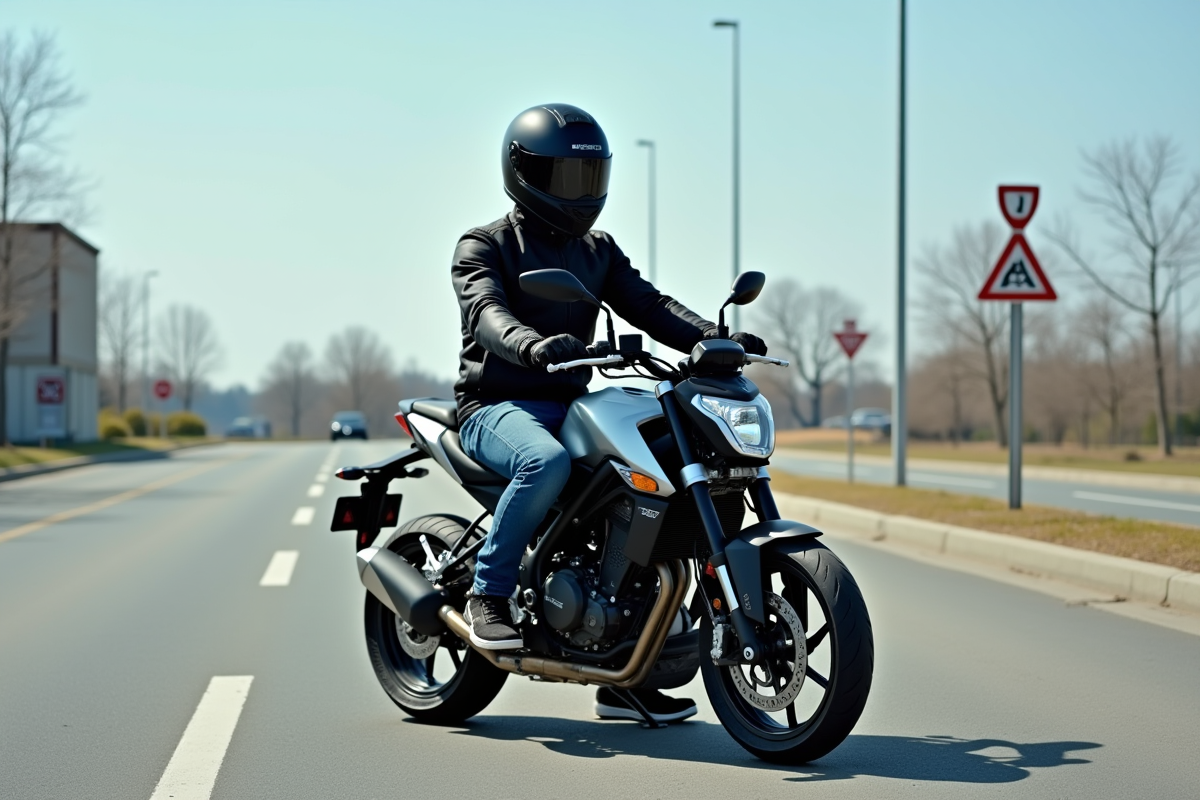 Jeune motard en équipement sur petite moto en parking