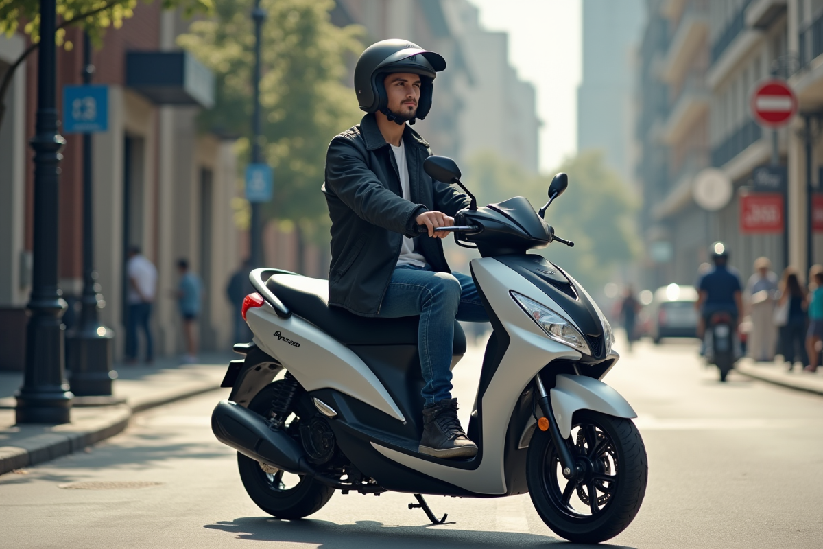 Jeune motard urbain sur scooter 125cc en ville