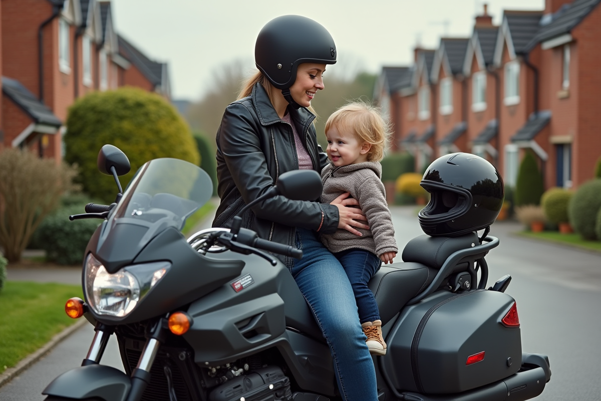 Femme avec enfant dans un sidecar de moto en banlieue