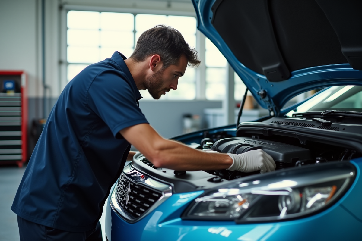 Mécanicien inspectant un moteur Peugeot avec outils de diagnostic