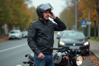 Motard français homme avec casque retiré en rue