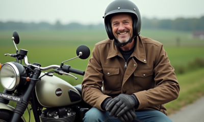 Motard homme en textile à côté de sa moto vintage en campagne