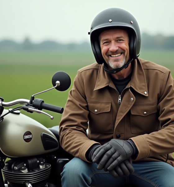 Motard homme en textile à côté de sa moto vintage en campagne