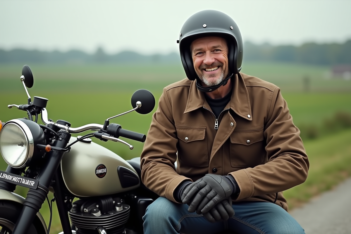 Motard homme en textile à côté de sa moto vintage en campagne