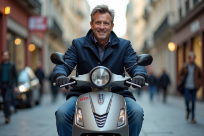 Homme en veste navy sur scooter 300cc en ville