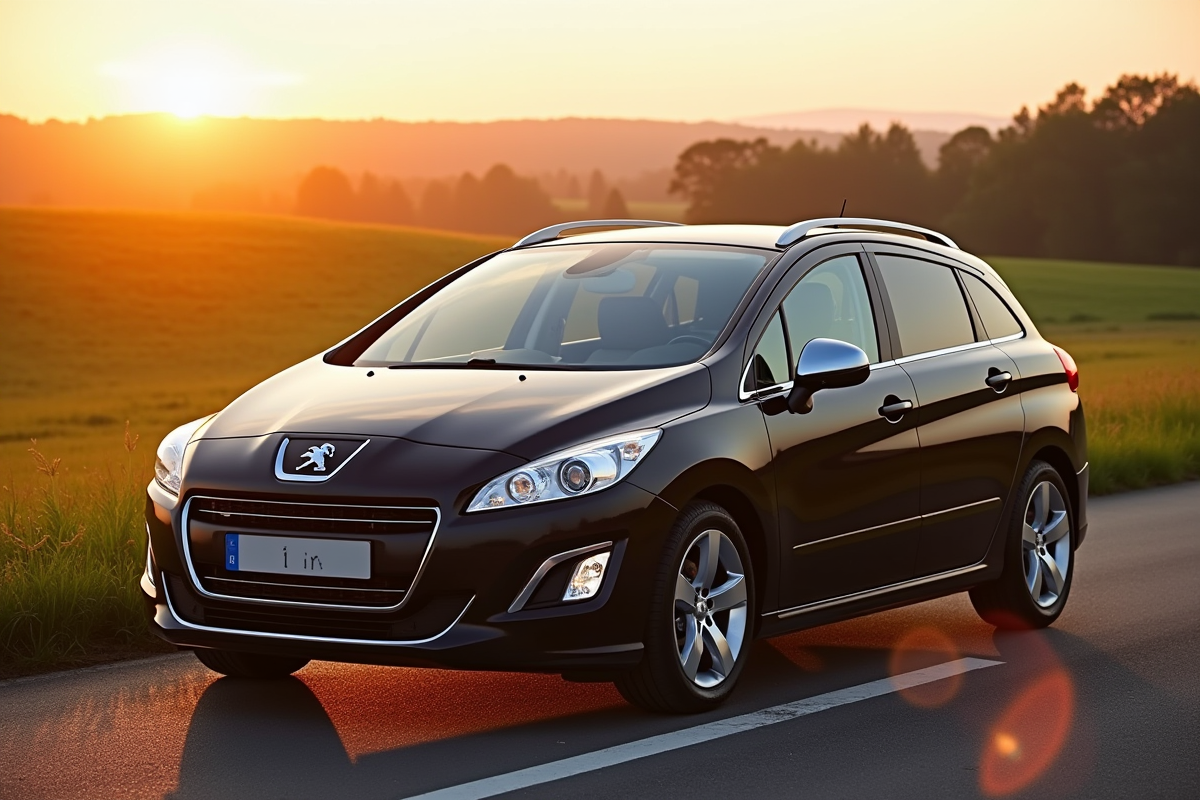 Peugeot 308 2015 sur route de campagne au coucher du soleil