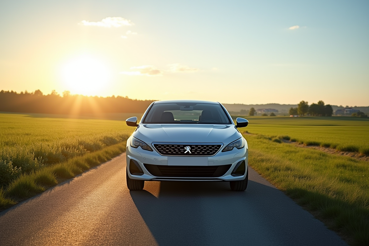 Peugeot 308 neuve sur route de campagne ensoleillée