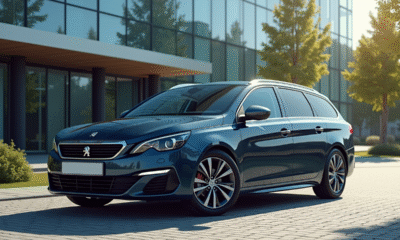 Peugeot 308 station wagon devant un bâtiment moderne ensoleillé