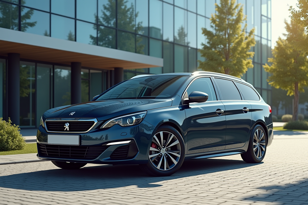 Peugeot 308 station wagon devant un bâtiment moderne ensoleillé