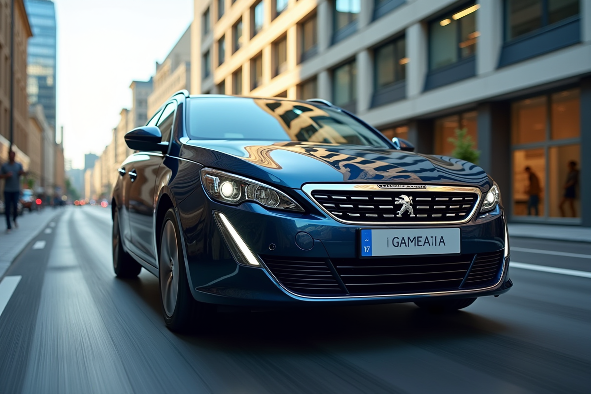 Peugeot 308 en mouvement en ville avec bâtiments modernes