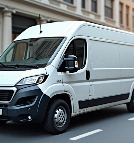 Véhicule Peugeot Boxer blanc en ville en journée