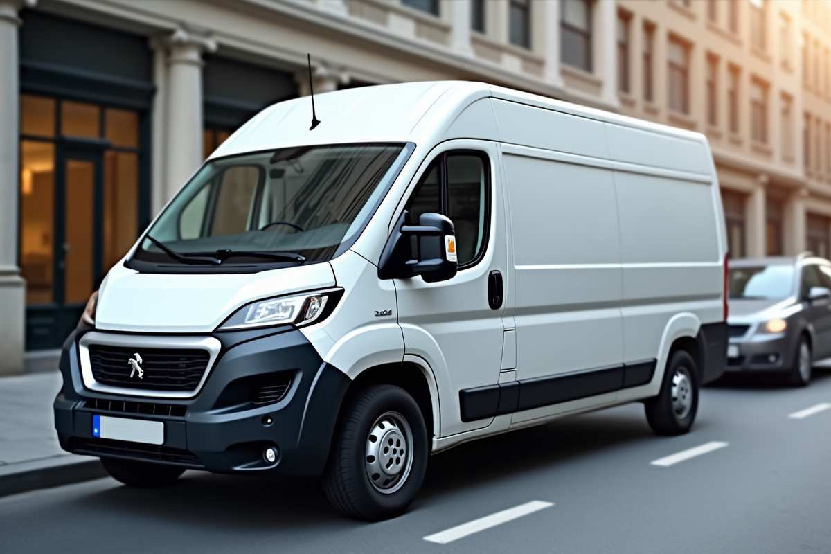 Véhicule Peugeot Boxer blanc en ville en journée