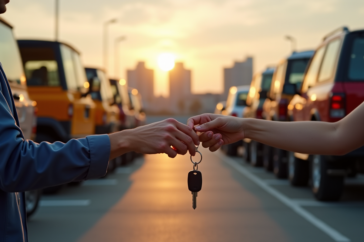 Remise de clés entre deux adultes dans un parking de véhicules utilitaires