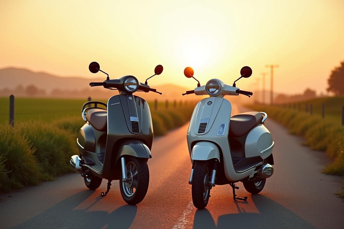 Deux scooters 125cc au lever du soleil en campagne
