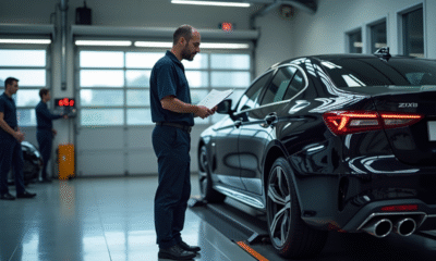 Voiture moderne dans un centre de contrôle lumineux avec mécanicien