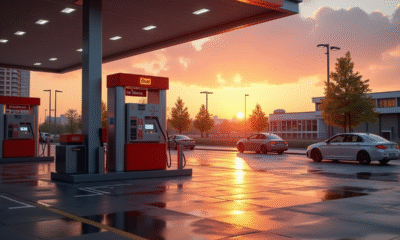 Station essence moderne au coucher du soleil avec véhicules électriques