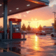Station essence moderne au coucher du soleil avec véhicules électriques