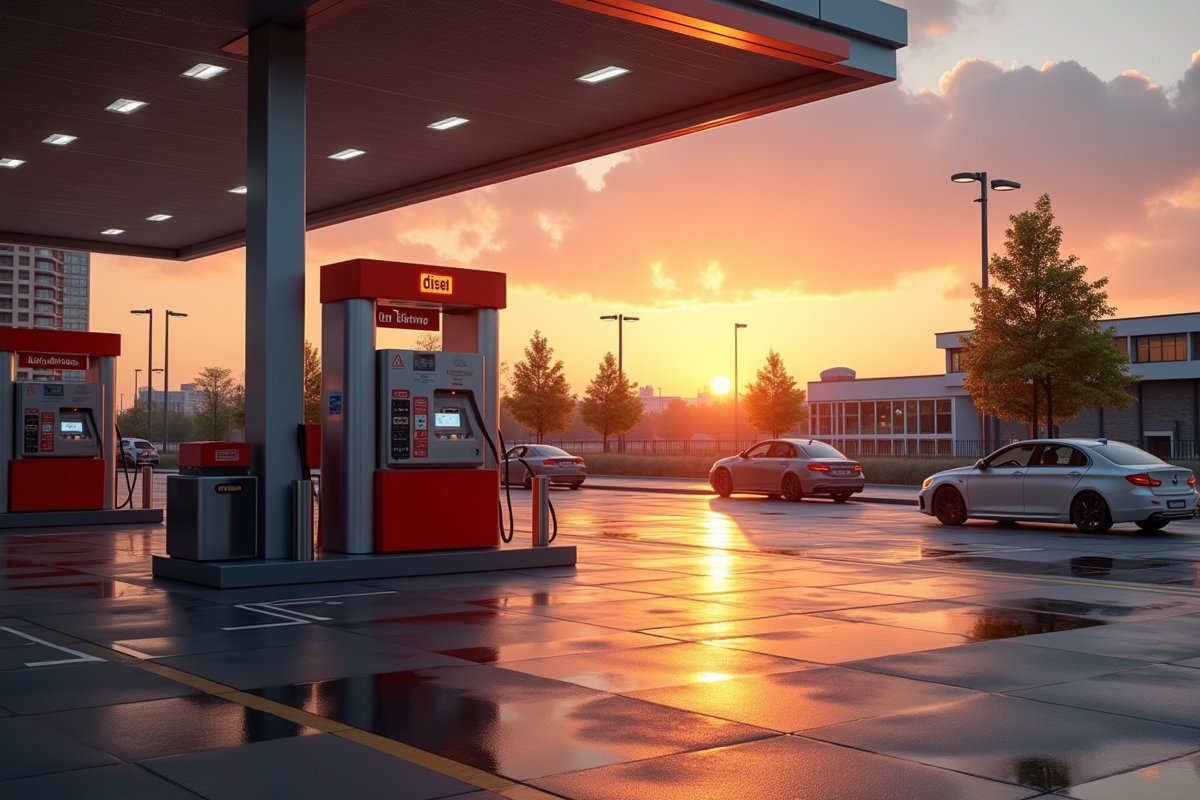Station essence moderne au coucher du soleil avec véhicules électriques