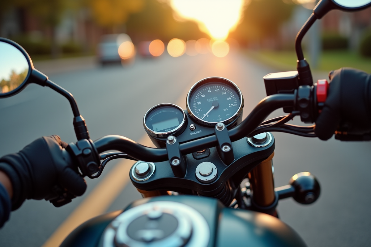 Détail du tableau de bord moto avec mains du pilote