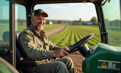 Fermeur dans la cabine d'un tracteur moderne en champ