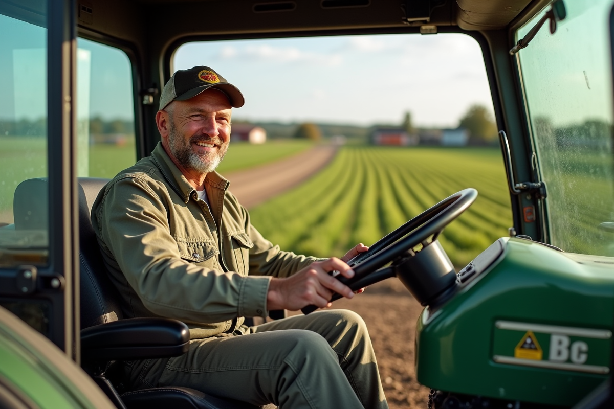 Fermeur dans la cabine d'un tracteur moderne en champ