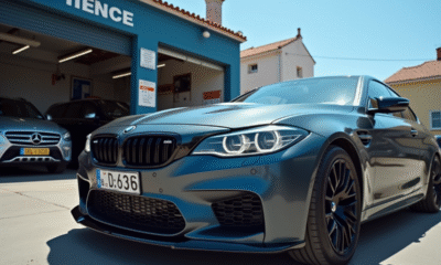 Voiture garée devant un garage français en cours d'installation de plaque