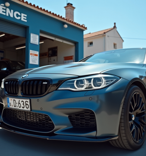 Voiture garée devant un garage français en cours d'installation de plaque